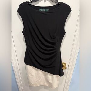 Lauren Ralph Lauren Black & Cream Ruched Sheath Dress Size 8 classic